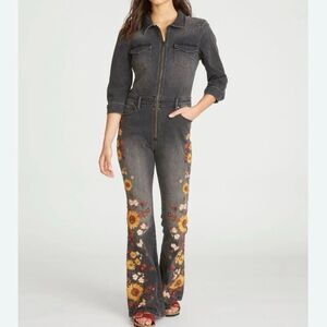 Driftwood Farrah Black Floral Embroidered Zip Up Denim Jumpsuit NWT Size Small